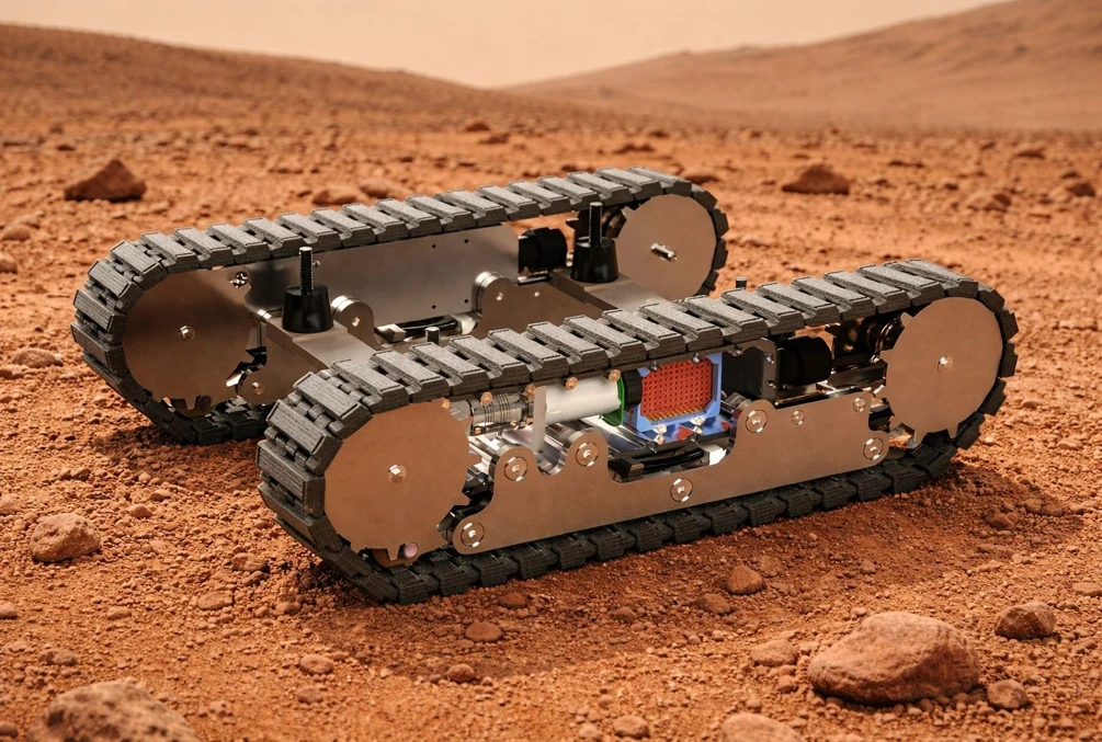 Rendered tracked Mars rover prototype showing its compact power-unit packaging
